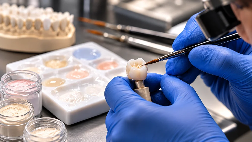 Dental technician carefully layering porcelain on a crown for porcelain crowns in Los Angeles serving Beverly Hills.