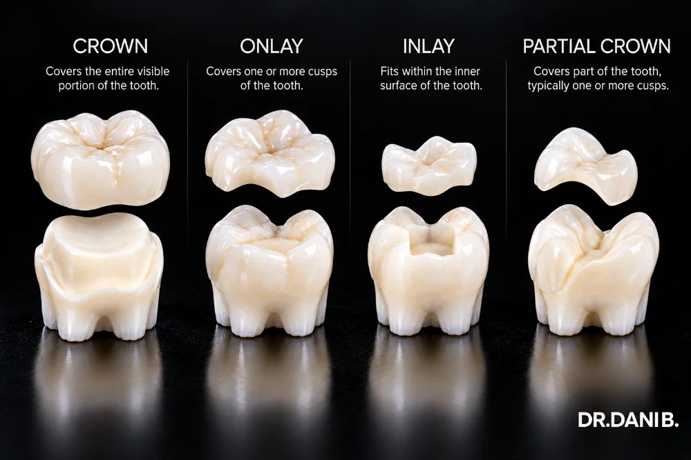 Dental comparison showing a full crown, onlay, inlay, and partial crown for porcelain crown treatment planning.
